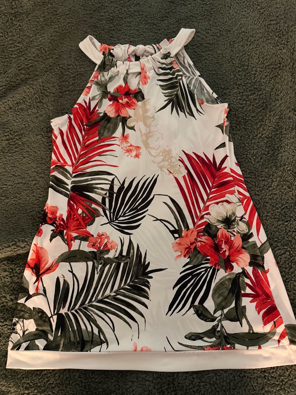 White House Black Market White Dress with Red & Green Floral and Gray Leaf Print